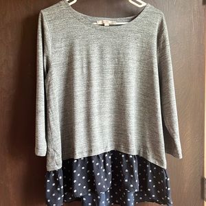 LOFT Grey Peplum Top with Navy Blue Accent